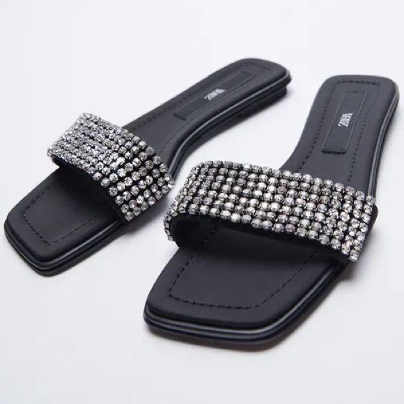 Zara BEADED JEWED FLAT SLIDES SANDALS SPARKLY NEW